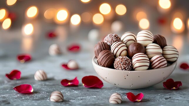 Delicious assorted chocolates in a bowl surrounded by rose petals and fairy lights.
