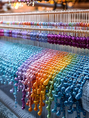 Colorful threads on a loom during weaving process.
