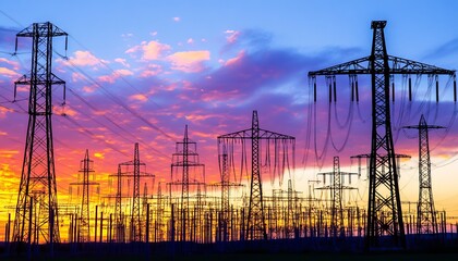 Power Grid at Sunset Silhouette of Transmission Towers and Substation Against a Vibrant Sky