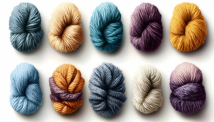 Colorful yarn balls arranged in rows on white background.