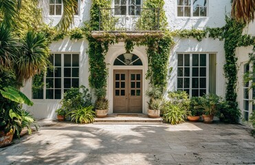 A front view of the entrance to an elegant, Mediterranean-style mansion