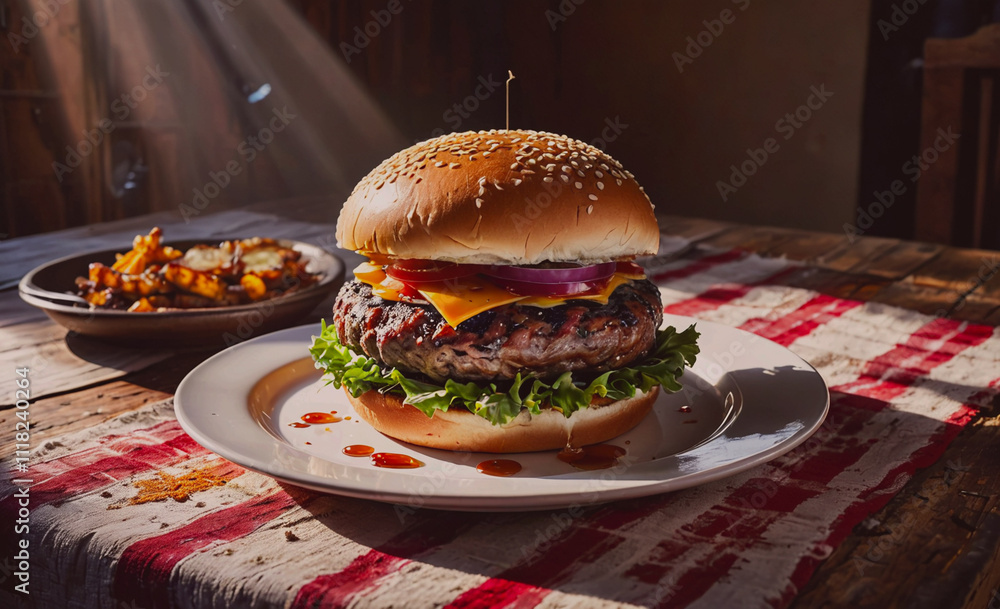 Poster A delicious hamburger with a bun on a white plate. The bun is placed on top of the hamburger, making it look even more appetizing. The hamburger is topped with cheese and onions, adding extra flavor