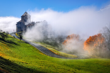 Vaduz castle in heavy fog, Liechtenstein