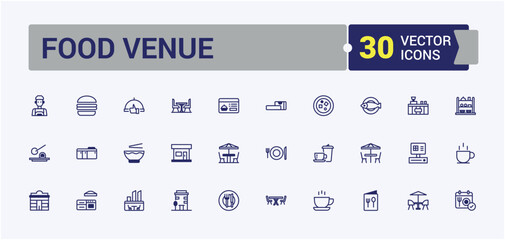 Food Venue line web icon set. Containing menu, bottle, collection, eat, design, spoon, chicken, vector. Thin linear style icons. Solid line editable vector illustration.