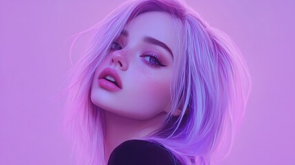 Fototapeta premium Portrait of a woman with vibrant purple hair, soft focus, and captivating gaze against a gradient purple background.