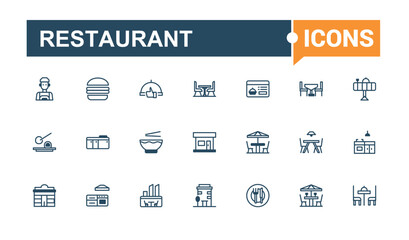 Set of Restaurant line icons. Featuring editable stroke, check, business, glyph, stroke, lunch, editable and more. Minimalist thin linear icon. Vector outline and solid icons collection.