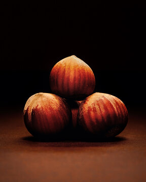 Three unpeeled hazelnuts on dark brown background