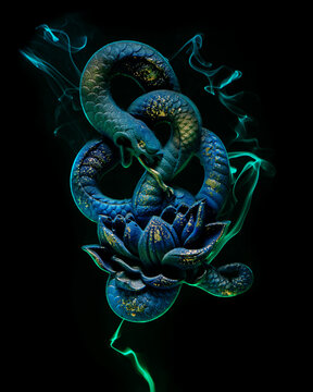 Blue with gold glitter snake surrounded by swirls of  fog