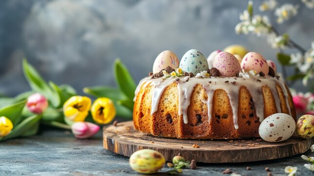 Easter Cake. Traditional ring marble cake withe easter decotation. Easter eggs and spring tulips. with copy space
