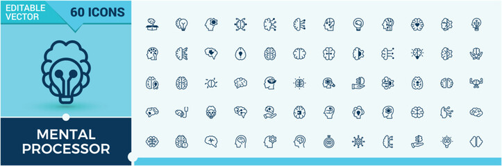 Mental Processor icons. Contains related to mental health, brainpower, neurology, human, focus, health, thinking and more. Set of line pictogram. Editable vector outline and solid icons.