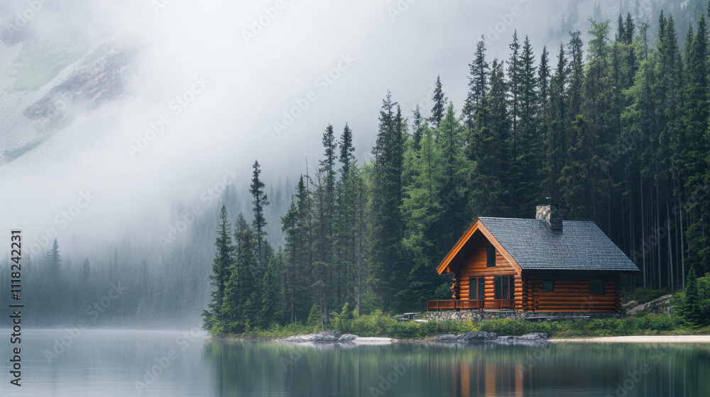 Wall mural serene log cabin by a misty lake surrounded by pine trees, creating a tranquil and peaceful atmosphe