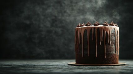Decadent chocolate cake with dripping ganache dark background food photography elegant display indulgent treat