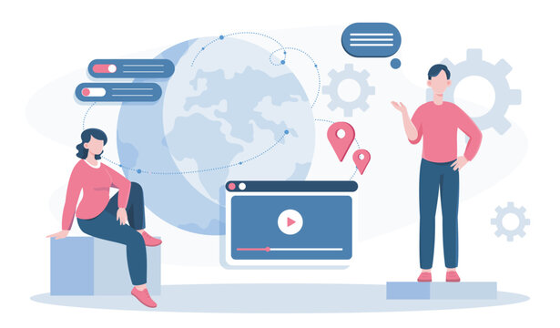 Positive public relations. Man and woman near media player. Business communication and interaction. PR managers team. Flat vector illustration