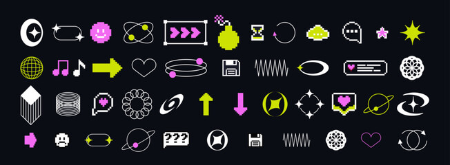 Pixels and geometric line elements set. Y2k trendy stickers. Mood of 90's aesthetics. 8-bit retro style vector illustration. Blue background. Simple geometric form, arrow, symbol, icon