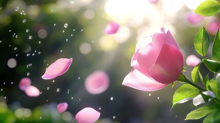 Fototapeta premium Pink rose petals ascending into sunlit abstraction