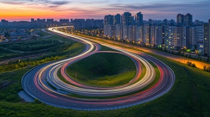 Aerial view of a highway interchange at sunset, showcasing light trails from vehicles.