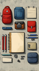 Flat lay of stationery, bags, and accessories.