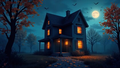 Haunted house glowing at night in foggy forest. Illuminated windows create eerie glow. Autumn leaves cover pathway. Dark trees surround building. Moonlight shines on spooky scenery. Creepy