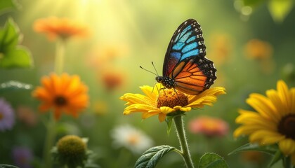 Fototapeta premium Vibrant butterfly perched on yellow flower in a colorful garden