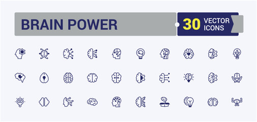 Brain power vector line icon set. Related to thinking, growth, idea, mental, knowledge and more. Simple web icons.