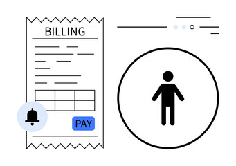 Billing receipt with PAY button, notification bell, user avatar in circle, and simple lines. Ideal for online payments, financial apps, notifications, user profiles, fintech, billing systems, account