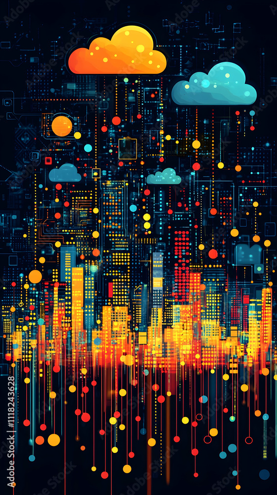 Aufkleber futuristic city skyline with data rain from cloud computing.