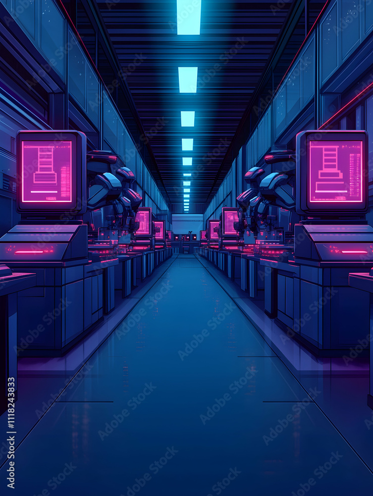 Aufkleber futuristic server room with glowing neon lights and rows of computers.