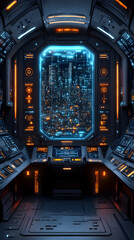 Futuristic spaceship interior with city view.