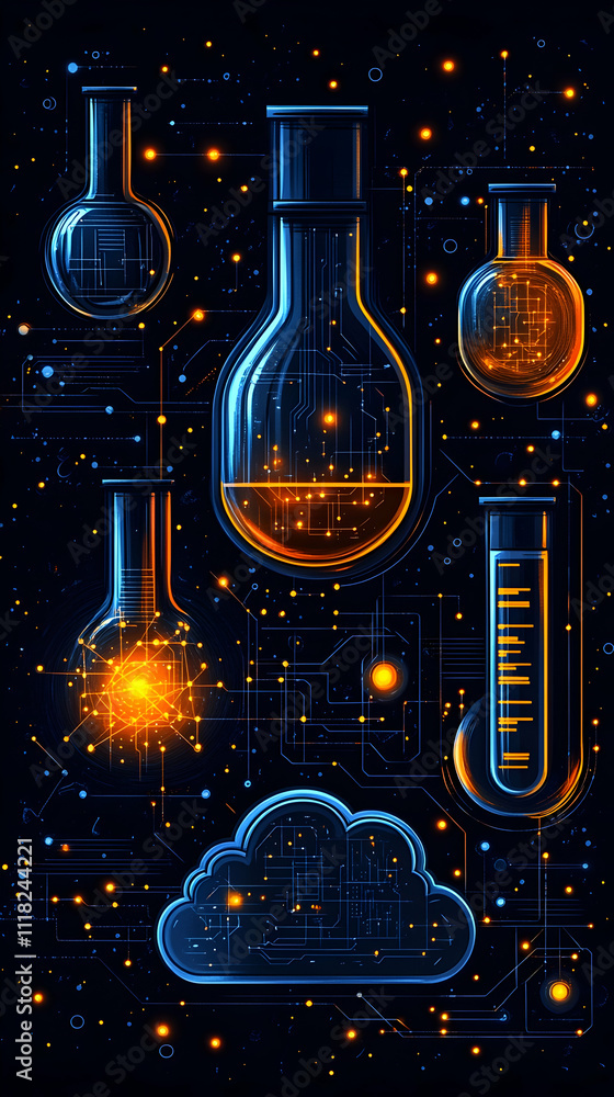 Aufkleber glowing beakers and test tubes on a circuit board background with a cloud.