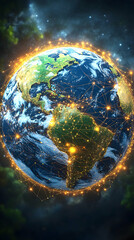 Global network connections illuminating Earth.