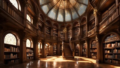 Obraz premium an ultra-detailed image of an ancient library: towering wooden bookshelves filled with old, leather-bound books stretching up to a domed ceiling with intricate stained-glass designs.