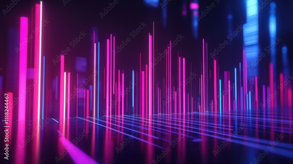 Poster pulsating equalizer bars in vivid colors rise and fall in a digital format, creating a dynamic rhyth