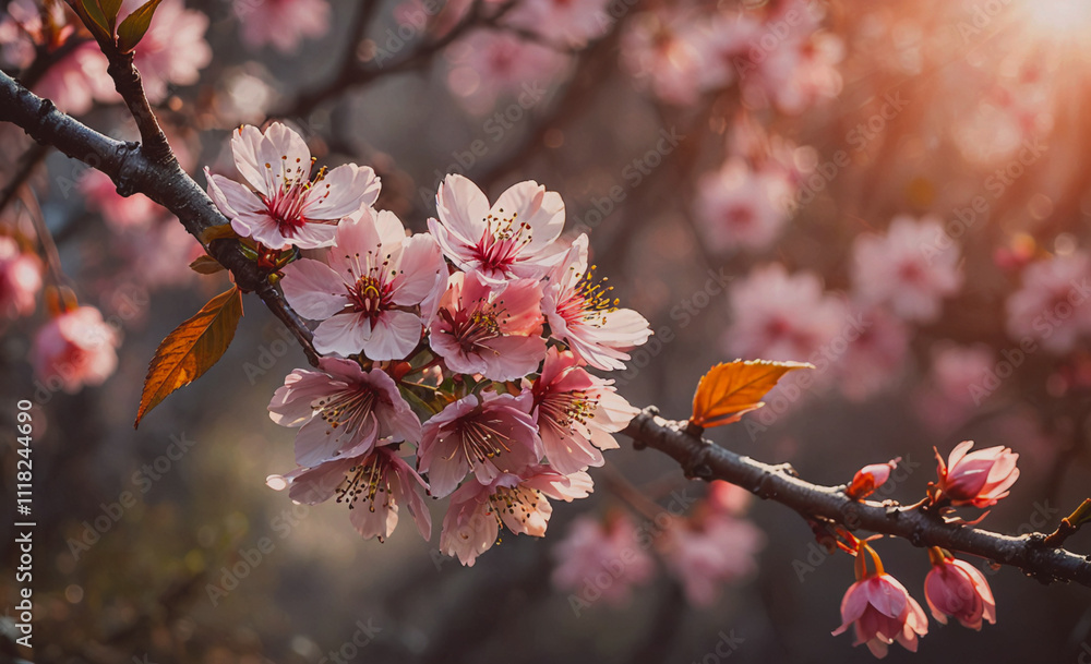 Poster a branch with pink flowers is shown in the image. the flowers are in full bloom and are arranged in 