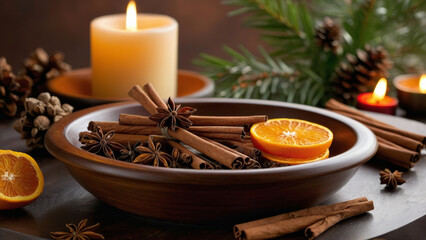 Photo of a wooden bowl filled with cinnamon sticks, anise stars, and dried oranges. Soft candlelight and greenery enhance the tranquil and cozy Christmas atmosphere.