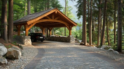 Obraz premium A rustic car park design using timber and natural stones, blending into a forested environment