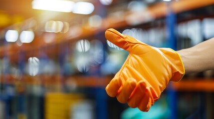 Fototapeta premium Close-up of worker's hand holding protective glove, symbolizing labor rights and safety in industrial environment.