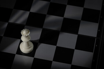 A close-up of a chessboard highlighting the white queen standing out among black pieces,...