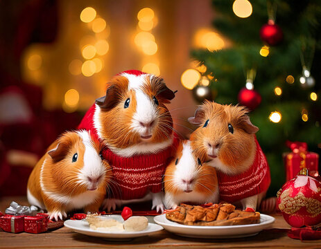 Guinea pigs (Cavia porcellus) celebrating Christmas with a Christmas feast and a Christmas tree, AI generated illustration.