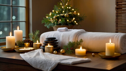 Photo of Christmas spa scene featuring a massage table adorned with white towels, candles, and golden holiday ornaments.