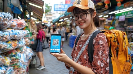 Smiling Young Woman Holding Smartphone with QR Code in Vibrant Market Scene