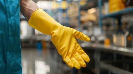 Close-up of worker's hand holding protective glove, symbolizing labor rights and safety in industrial environment.