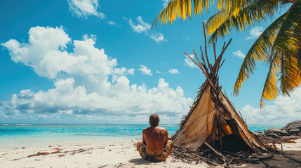 Person in rags and hut on tropical beach, man sitting on lost island in ocean. Theme of shipwreck, sea, travel