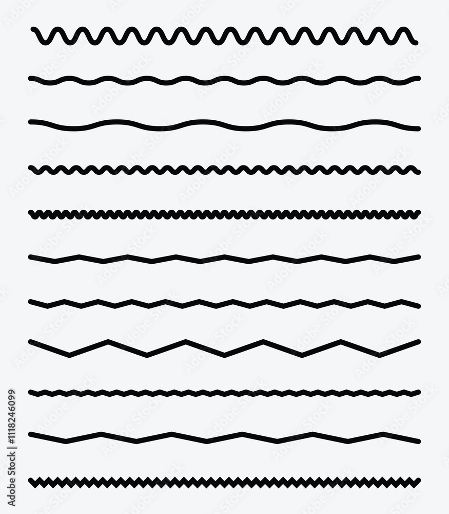 Aufkleber wave line and wavy zigzag pattern lines. vector black underlines, smooth end squiggly horizontal cur