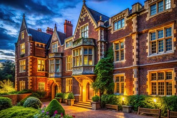 Naklejka premium Burwalls House Bristol, Ornate Brick Facade, Night Photography, Architectural Detail