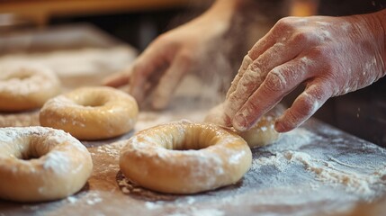 Hands Preparing Fresh Doughnuts with Flour on Wooden Table