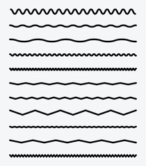 Wave line and wavy zigzag pattern lines. Vector black underlines, smooth end squiggly horizontal curvy squiggles on white background. Wave Line.