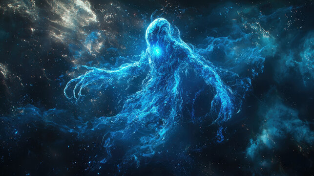 Ethereal blue cosmic entity in vibrant space nebula, dreamlike monster like fantasy movie