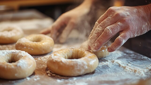 Hands Preparing Fresh Doughnuts with Flour on Wooden Table