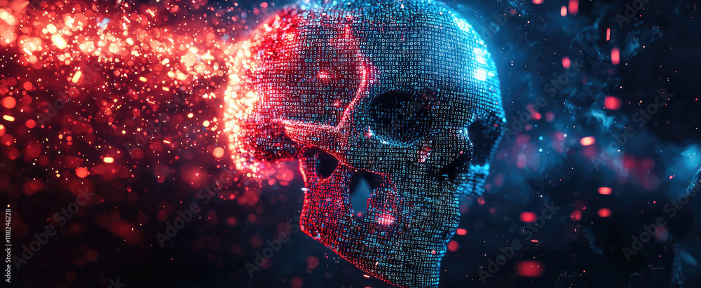 Wall mural abstract cyber space background, skull with glowing particles, lights and data in dark. theme of cod