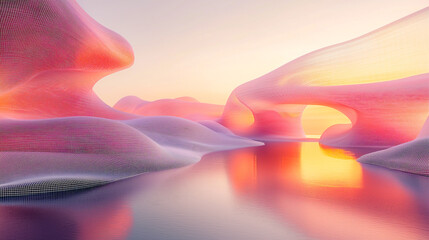 Fantasy surreal landscape with wireframe in pastel color .